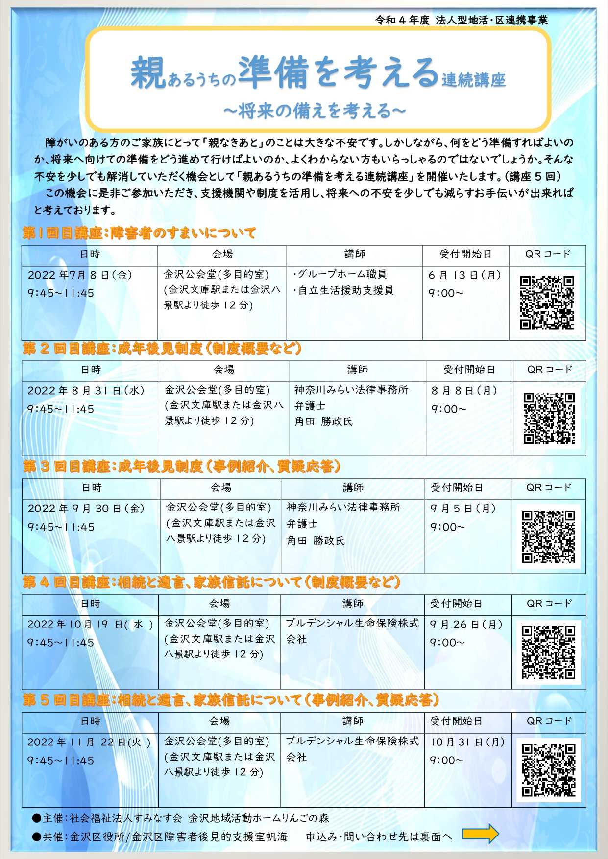 【りんごの森】『令和4年度　親あるうちの準備を考える連続講座～将来の備えを考える～』のご案内