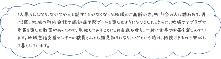 1人暮らしになり、なかなか人と話すことがなくなった地域のご高齢の方。町内会の人に誘われて、月に2回、地域の町内会館で認知症予防ゲームを楽しむようになりました。さらに、地域ケアプラザで手芸を楽しむ教室があったので、参加してみることに。お友達も増え、一緒に食事やお茶を楽しんでいます。地域包括支援センターの職員さんとも顔見知りになり、いざという時は、相談できるので安心して暮らしています。